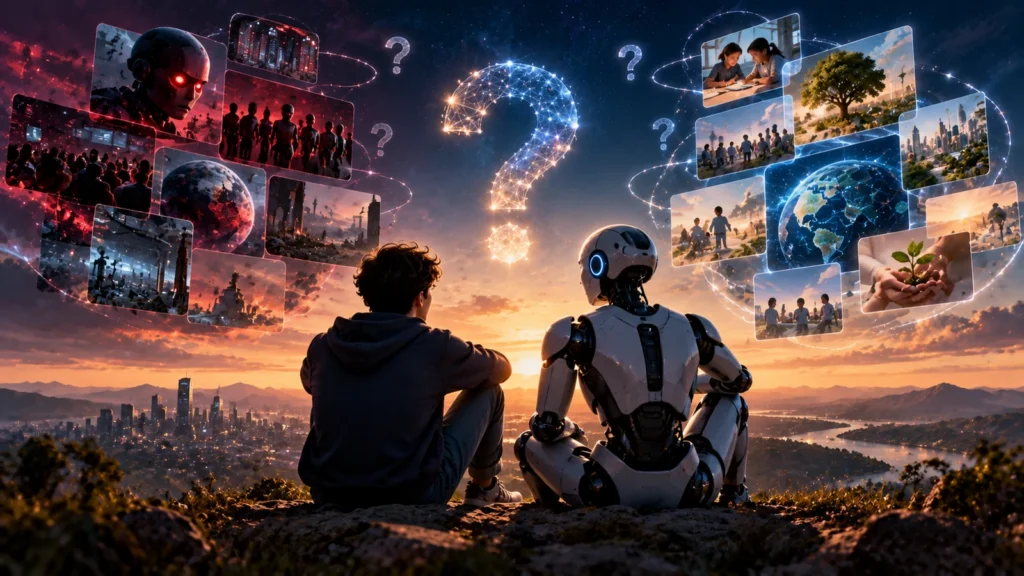 Una persona e un robot osservano insieme il futuro, tra scenari di conflitto e possibilità di collaborazione con l’intelligenza artificiale.